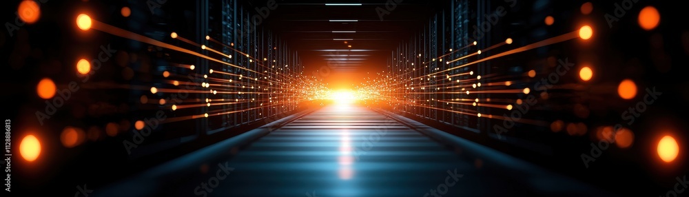 Poster a futuristic tunnel illuminated by glowing lights, leading towards a bright focal point, creating an