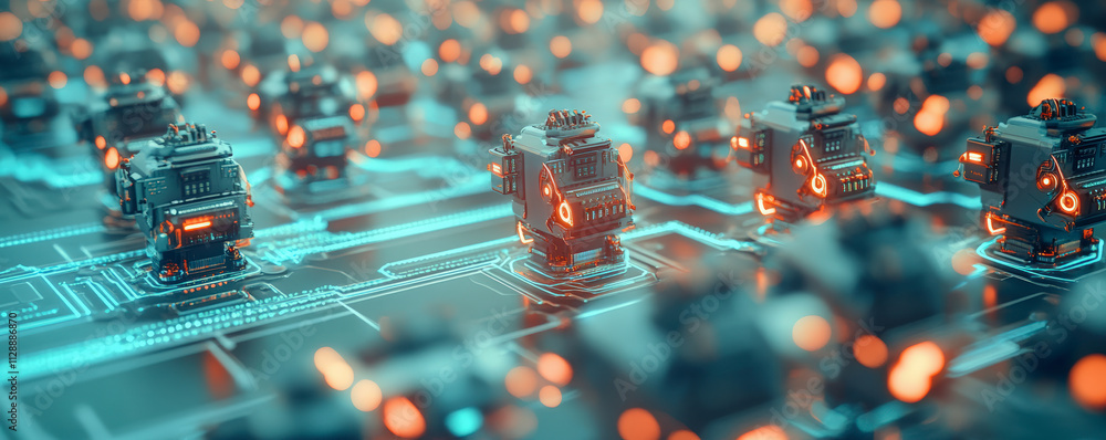 Poster a futuristic digital circuit board with glowing, cube-like structures interconnected by neon pathway