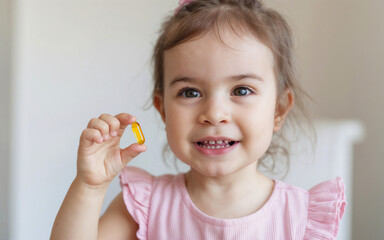 A cute little girl holding a vitamin d, or e, a, b or omega 3, fish, cod oil yellow capsule. Food supplement tablets for healthy life, medicine, wellness.