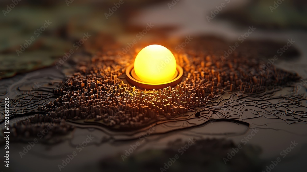Poster a glowing orb illuminates a textured map, creating a vibrant focal point that emphasizes geographica