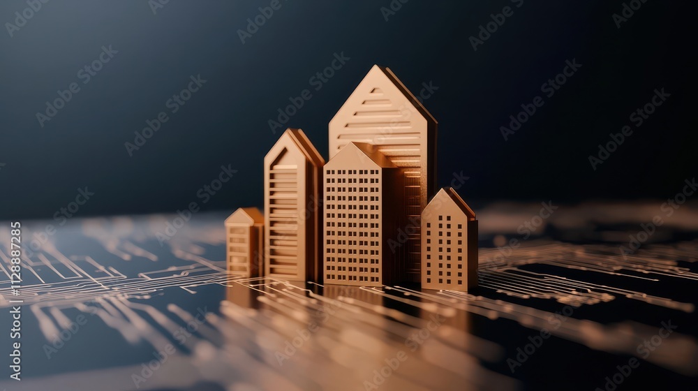 Poster a close-up view of wooden building models on a digital circuit background, symbolizing the intersect