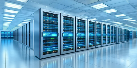 A modern data center with rows of illuminated servers in sleek cabinets, showcasing advanced technology and infrastructure within a high-security, climate-controlled environment.