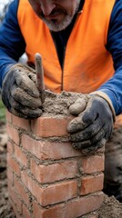 Fototapeta premium Two construction workers expertly lay red bricks on a side wall, showcasing skillful craftsmanship in bright daylight