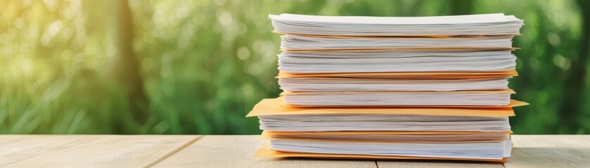 A stack of neatly organized documents rests on a wooden surface, with a soft-focus green background, suggesting an office or outdoor workspace.