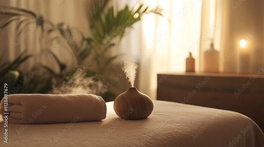 Poster in a serene spa environment, a beautifully designed aromatherapy diffuser releases steam from essent