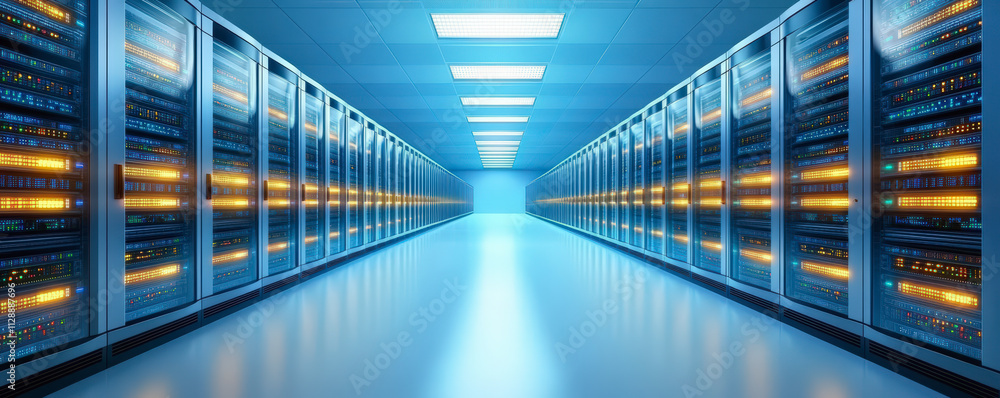 Poster a futuristic data center corridor with rows of server racks glowing under ambient lighting, symboliz