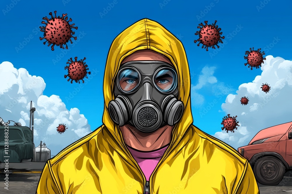 Aufkleber A pixel art depiction of a masked character standing in front of a quarantine zone, with tiny animated virus particles floating around them