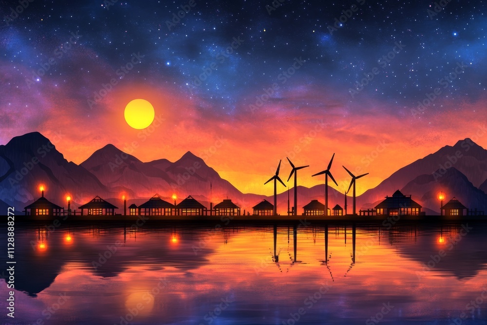 Poster a pixel art depiction of a solar-powered city with animated wind turbines and glowing lights in a re