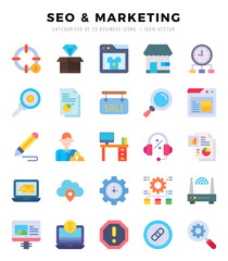 SEO & MARKETING Flat icons collection. Flat icons pack. Vector illustration