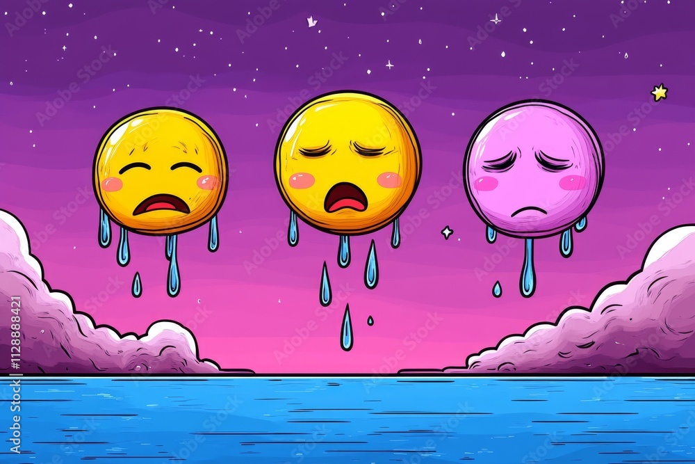 Poster a pixel art depiction of emotions with small animated faces displaying happiness, sadness, and anger