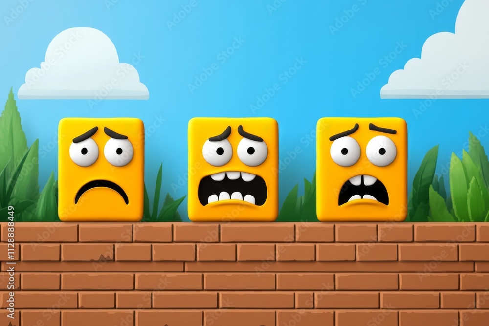 Poster a pixel art depiction of emotions with small animated faces displaying happiness, sadness, and anger