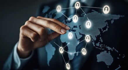 A business professional interacting with a digital world map and network connections.
