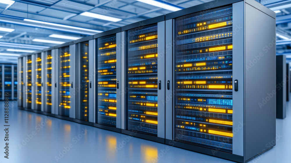 Aufkleber a modern data center with rows of server racks, illuminated with yellow and blue lights, showcasing 