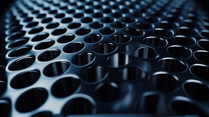 Abstract close-up of perforated metal surface with circular holes, showcasing an intricate pattern and industrial aesthetic.