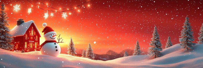 Festive Christmas Village banner with Santa Claus, Snowflakes, and Decorated Houses under Clear Night Sky for Commercial Use