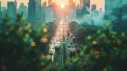 A fleet of cargo trucks travels on an urban highway against a futuristic city skyline with digital overlay elements. Emphasis on modern logistics, urban development, smart technology, clean energy
