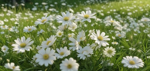 A delicate white bouquet of flowers scattered on a lush green meadow with gentle breeze rustling the petals softly , bouquet, countryside