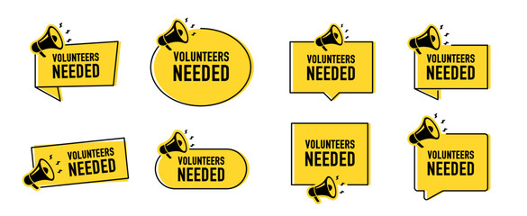 Megaphone with volunteers needed speech bubble. Loudspeaker. Banner for business, marketing and advertising. Vector illustration.