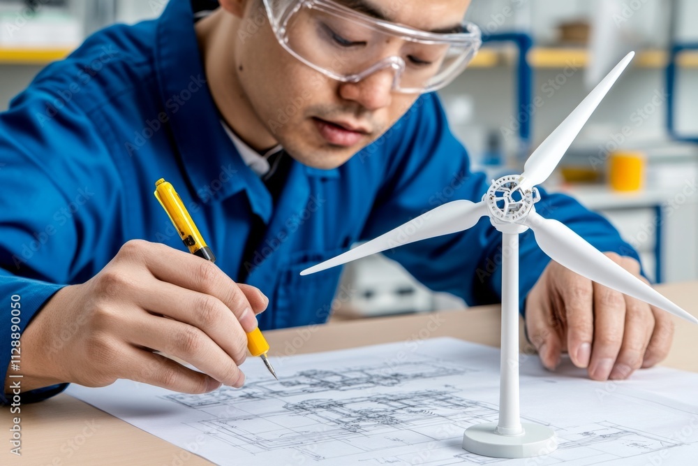 Aufkleber A scientist in a lab working on miniature wind turbine prototypes, with blueprints spread across the table