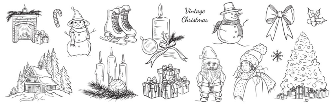 Big set of Christmas winter symbols. Christmas tree, skates, snowman, burning candles, gift boxes santa claus inm black on white. Hand drawn vector sketch illustration in doodle vintage style