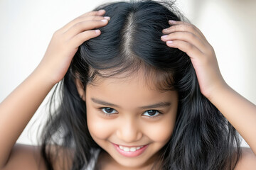 Fototapeta premium happy indian beautiful girl with her hands on the sides of her head, showing hair growth