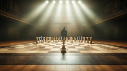 A dramatic scene of a solitary figure standing before a giant chessboard, bathed in ethereal light, conveying strategic anticipation and focus.