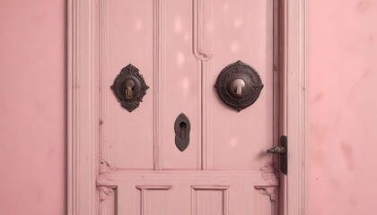 An old-fashioned iron door with a large metal doorknob and a decorative keyhole in front of a soft pink background, vintage, room decor