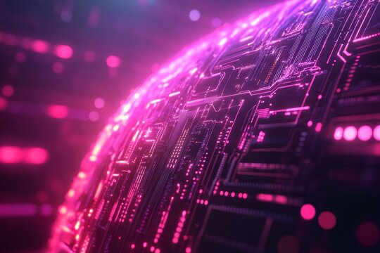 Futuristic glowing sphere with circuit board design, pink and purple neon lights.