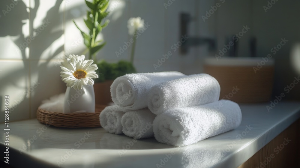 Poster soft white towels are neatly stacked on a bright countertop. a small vase holds a fresh flower, whil