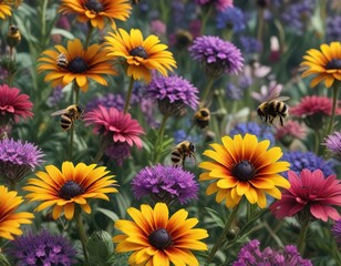 Fototapeta premium A group of bumble bees flying around multiple colorful flowers, blossoms, nature, flowers