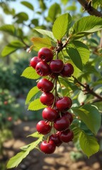 Obraz premium A few ripe cherry berries on a branch in the garden, cherries, juicy cherries