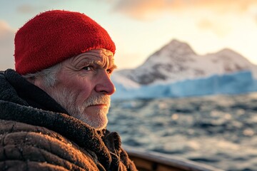 A close-up of a 70-year-old fisherman gazing at the horizon from a wooden boat in Antarctica, red hat, golden hour, snowy mountains, eye level shot 5
