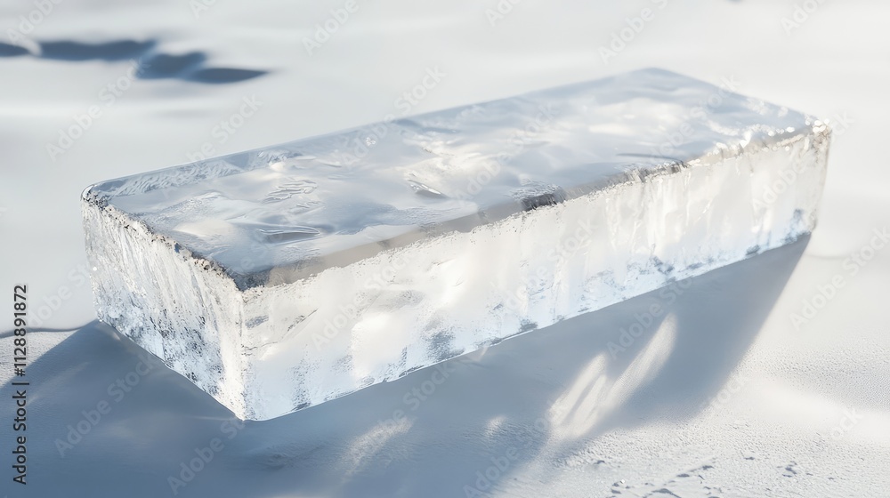 Poster a close-up of a rectangular transparent ice block, showcasing light refraction and subtle frost deta