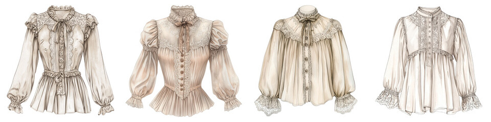 Obraz premium Elegant collection of vintage blouses with intricate designs and details. on transparent cutout, PNG file