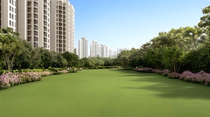Lush green park surrounded by modern high-rise buildings