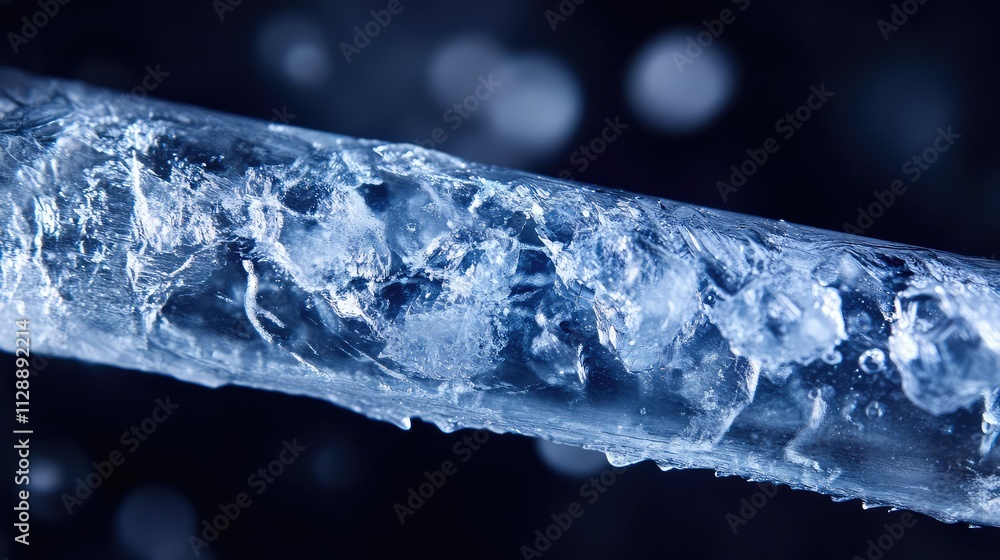 Poster a close-up of an ancient ice core, revealing fine stratification and embedded particles from a dista