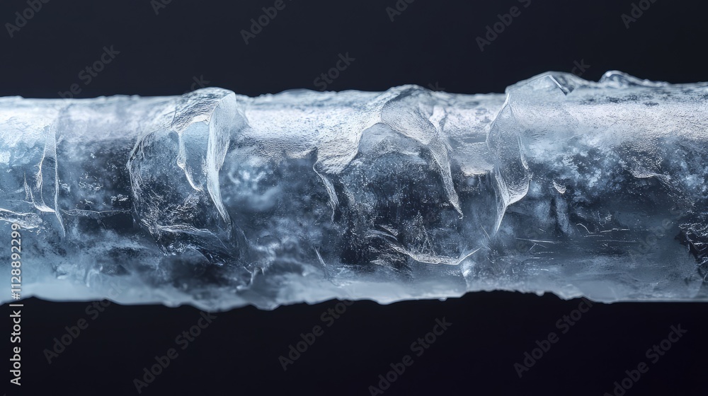 Poster a close-up of an ancient ice core, revealing fine stratification and embedded particles from a dista