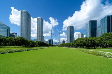 Obraz premium A unique design of wind turbines with curved blades positioned in an urban park