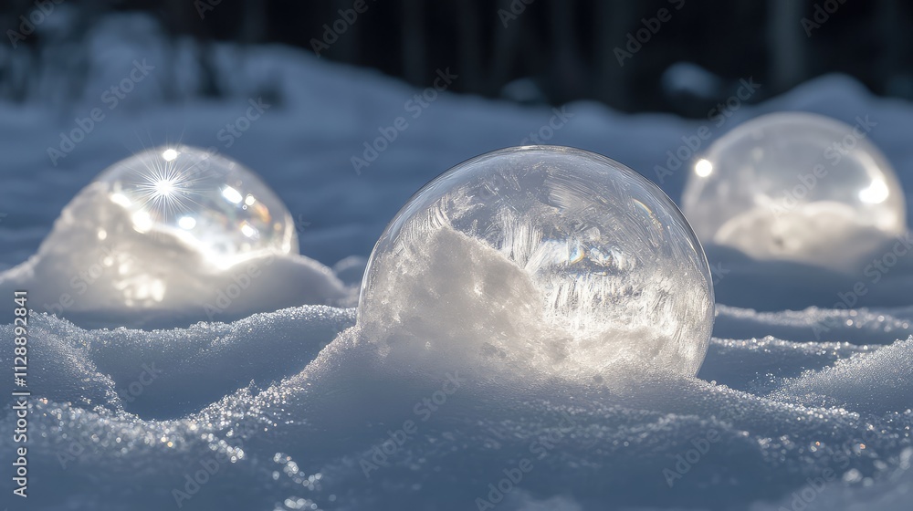 Poster a close-up of perfectly round frozen bubbles, with light refraction adding a prism-like glow to thei