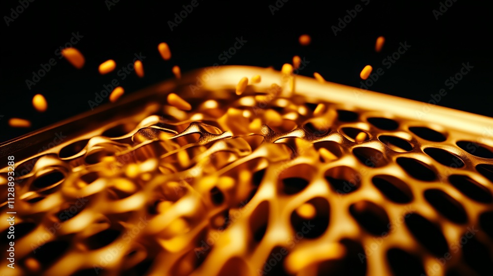 Poster an intricate close-up of golden metallic waves and particles creating a dynamic, energetic visual.