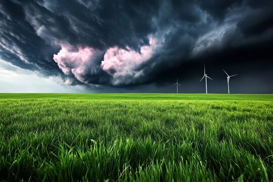 A wind farm situated in a rolling green countryside, with dramatic clouds in the sky