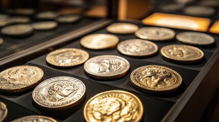 Detailed Close-Up of Vintage Coins Displayed in Wooden Case