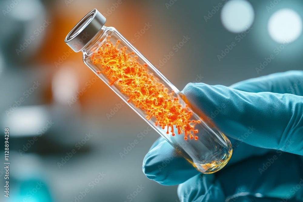 Poster an ultra-detailed close-up of a scientist gloved hand holding a glowing vial with a virus sample, re