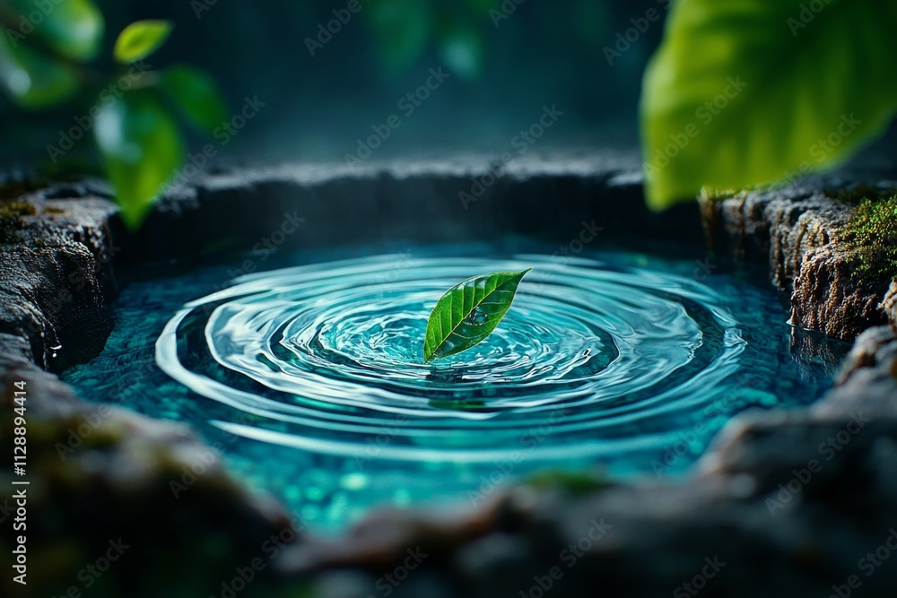 Poster an ultra-detailed image of a drop of water falling from a green leaf into a crystal-clear lake, with