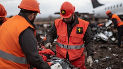 Fototapeta premium Rescue Workers Aid Survivors at Plane Crash Site