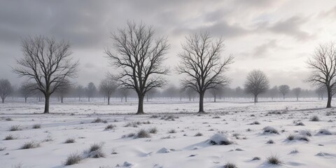 Fototapeta premium Bare trees and snow-covered field under a grey sky, winter countryside, cold weather, frozen ground