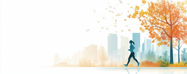 A woman jogs through a park filled with autumn colors, with a city skyline visible in the background under a clear sky.