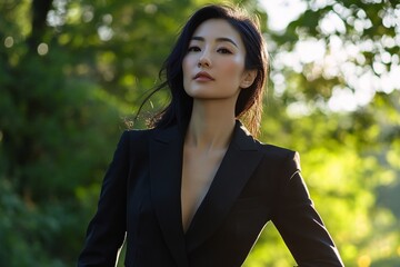 A 45-year-old Japanese woman, wearing a sleek black pantsuit, confidently posing outdoors in natural sunlight, showcasing modern elegance, high detail 3
