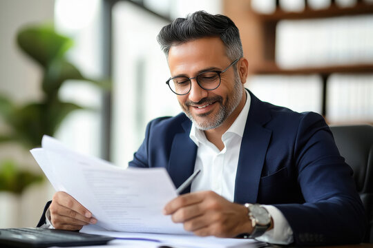 smiling businessman sitting at his desk in his office and reading a paper document