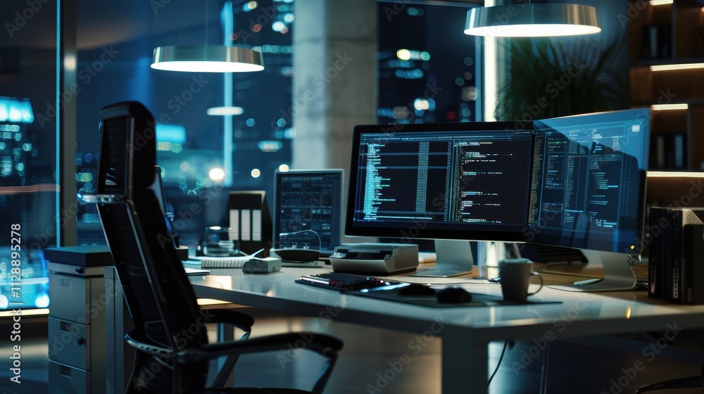 Poster modern office workspace with computer monitors and city view